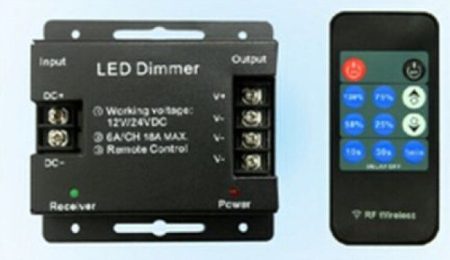 Led szalag dimmer 18A 216W +rádiós távirányító, egyszínű LED szalagokhoz, LED-modulokhoz